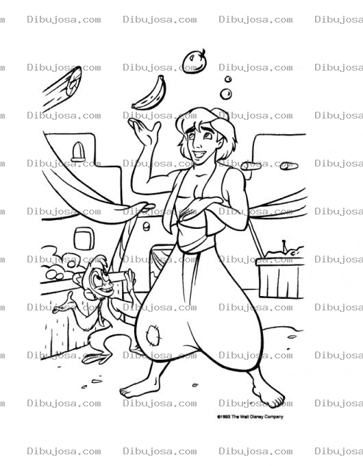 Dibujo para colorear Colorear A Aladdin Haciendo Malabares Con Frutas