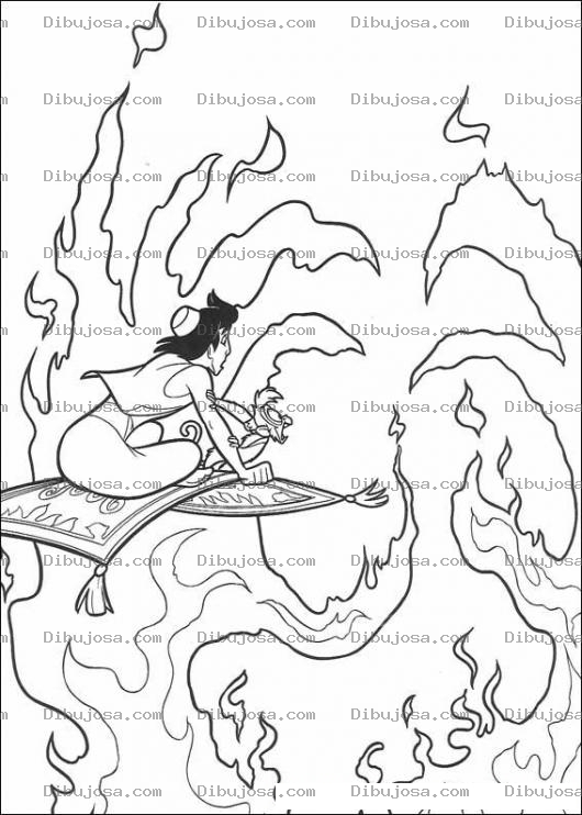 Dibujo para colorear Aladino Volando Sobre Llamas De Fuego Para Colorear