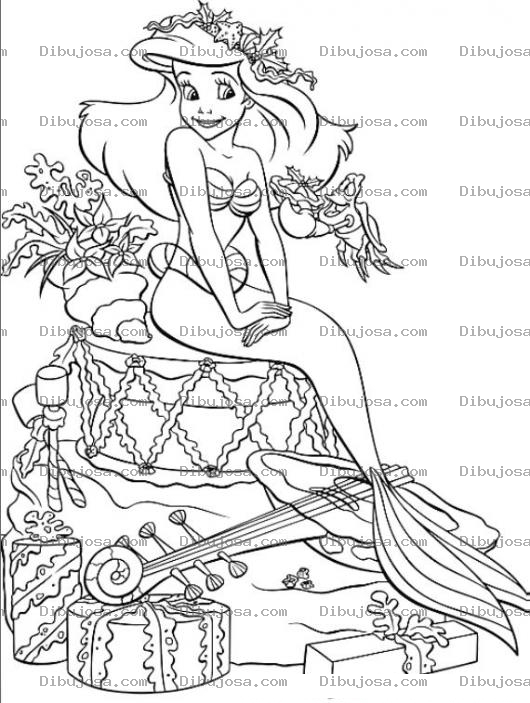 Dibujo para colorear la sirenita con muchos regalos para dibujar