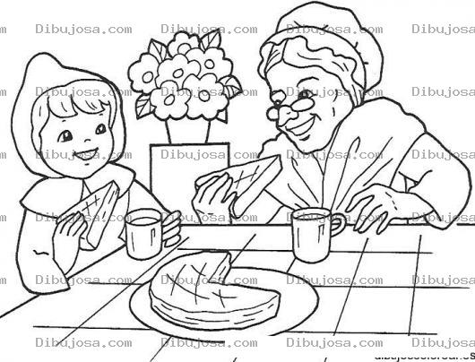 Dibujo para colorear Colorear A Caperucita Con Su Abuelita Comiendo Pastel