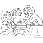 Dibujo para colorear Colorear A Caperucita Con Su Abuelita Comiendo Pastel