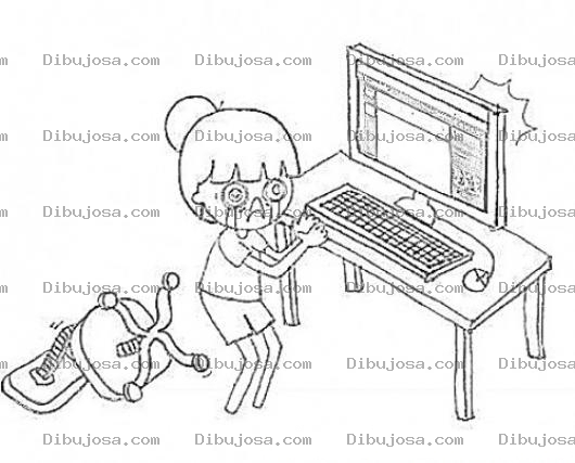 Dibujo para colorear Colorear Chica Triste Frente A La Computadora