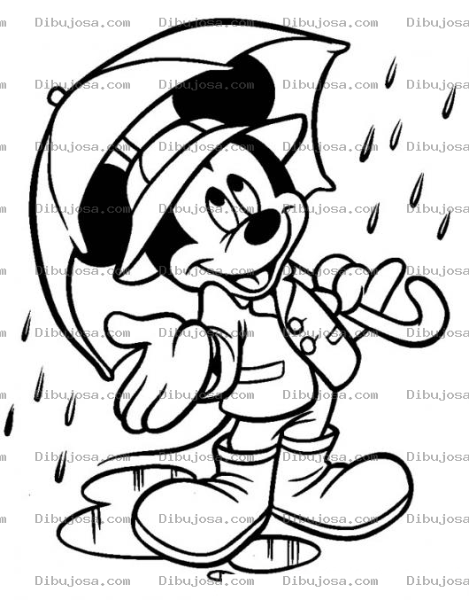 Dibujo para colorear Colorear a Mickey con sombrilla bajo la lluvia