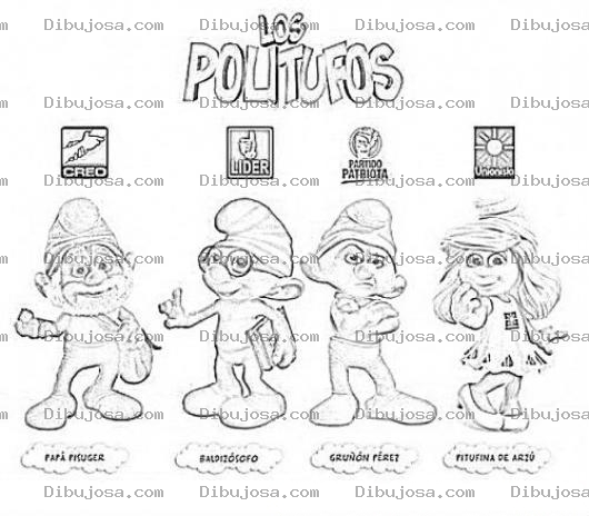 Dibujo para colorear Los Politufos Papa Pisuger Baldizosofo Grunon Perez Y Pitufina De Arzu Para Colorear Y Pintar