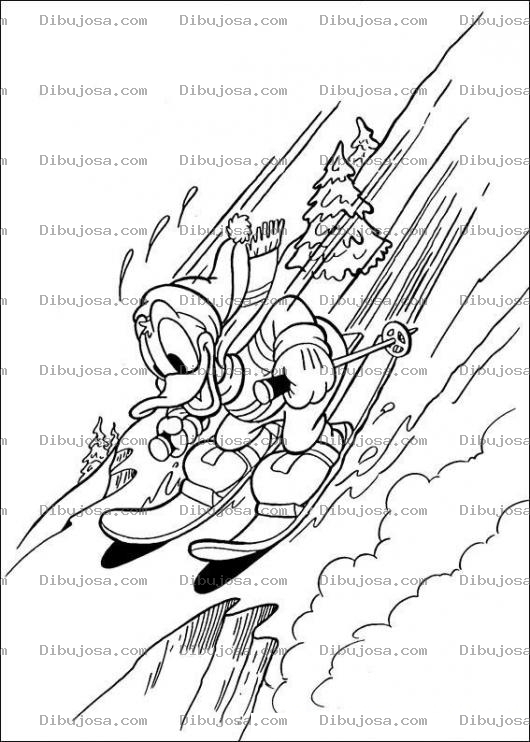 Dibujo para colorear Colorear al pato donald esquiando en la nieve