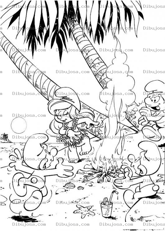 Dibujo para colorear Colorear Pitufos Haciendo Una Fogata En La Playa