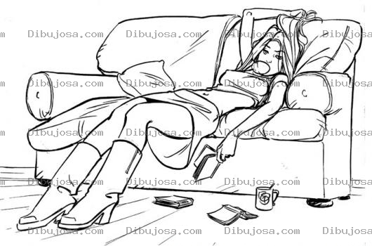 Dibujo para colorear Colorear Chica Recostada En Un Sofa Mascando Chicle