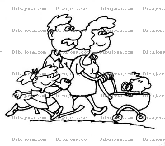 Dibujo para colorear Dibujo De Familia De 4 Integrantes Con Un Bebe En Carruaje Para Colorear