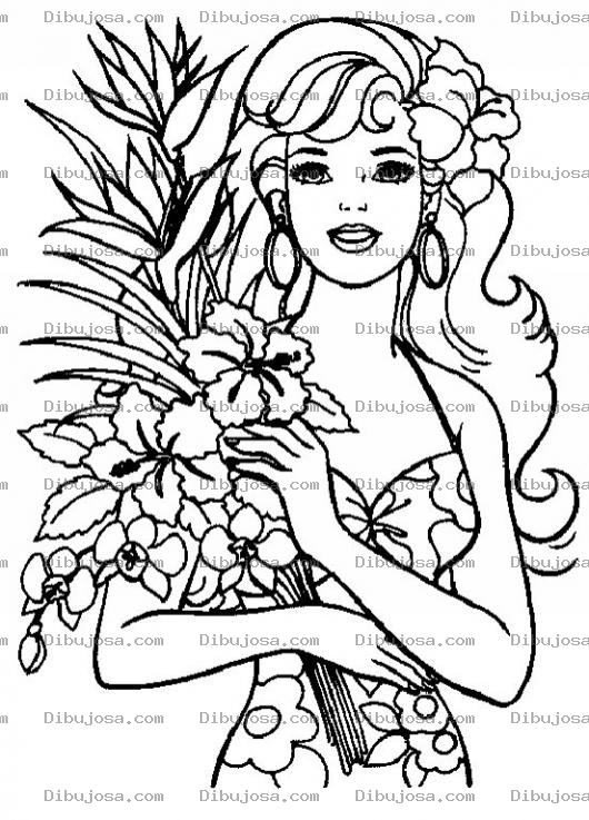 Dibujo para colorear Colorear a Barby con un arreglo de flores