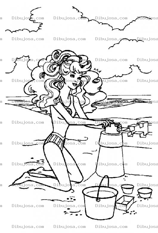 Dibujo para colorear Colorear a Barby haciendo un castillo de arena