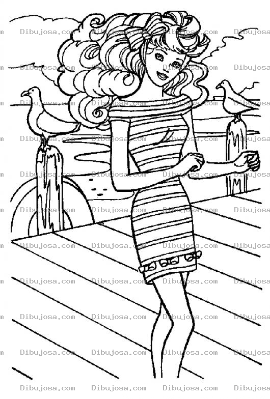 Dibujo para colorear Colorear a Barbie con vestido corto en el muelle