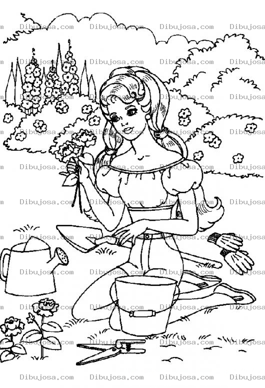 Dibujo para colorear Colorear a Barbie en el jardin