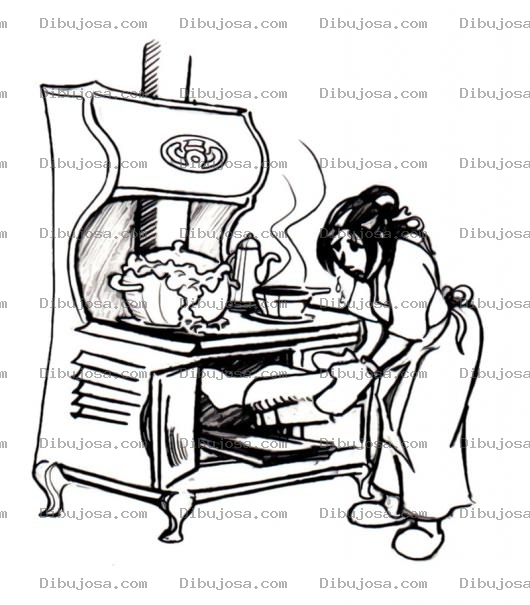 Dibujo para colorear Colorear Mujer Sacando Un Pastel Del Horno De La Estufa