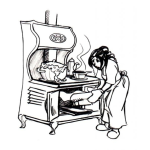 Dibujo para colorear Colorear Mujer Sacando Un Pastel Del Horno De La Estufa