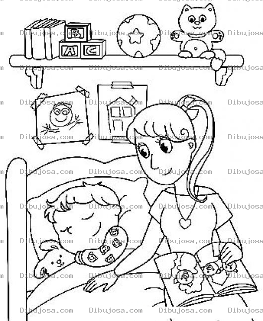 Dibujo para colorear Dibujo De Mama Acostando Y Leyendo Un Cuento A Su Hijo En Su Habitacion