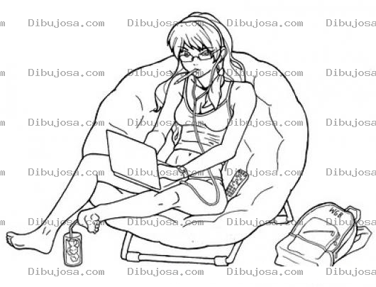 Dibujo para colorear Chica Con Laptop Para Pintar Y Colorear Haciendo Tareas Con Una Notebook Sobre Un Sofa Oyendo Musica A La Par De Su Bolson
