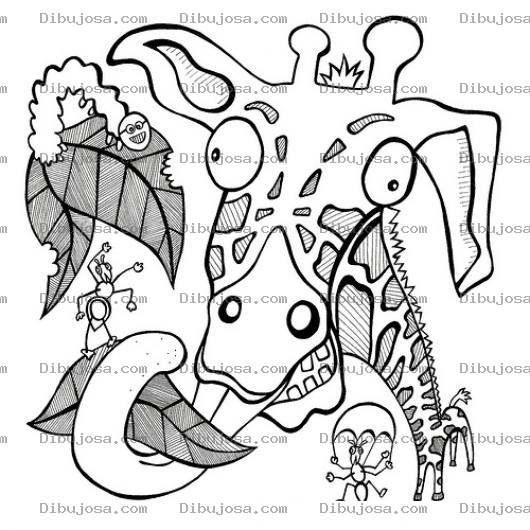 Dibujo para colorear Dibujo De Jirafa Cominendo Hojas Con Un Gusano Y Dos Hormigas