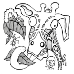 Dibujo para colorear Dibujo De Jirafa Cominendo Hojas Con Un Gusano Y Dos Hormigas