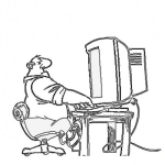 Dibujo para colorear Viejo Calvo Y Gordo Frente A Una Computadora Vieja Con Monitor Gigante Para Pintar Y Colorear