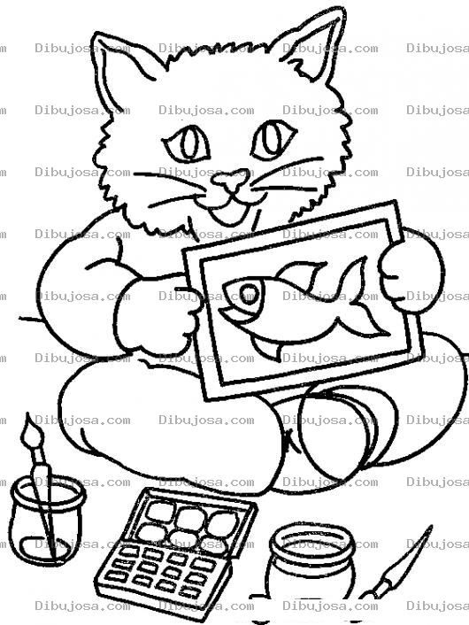 Dibujo para colorear Gato Dibujando Un Pescado Para Pintar Y Colorear