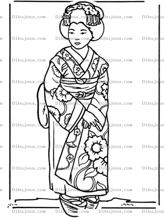 Dibujo para colorear Geisha Japonesa con kimono Para Pintar Y Colorear