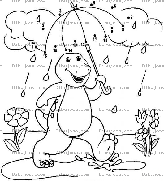 Dibujo para colorear Unir los puntos de Barney en la lluvia