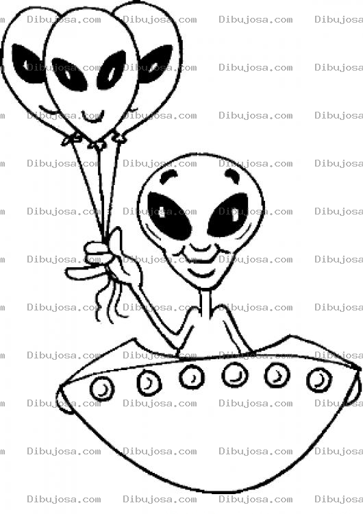 Dibujo para colorear Dibujo De Cumpleanos De Un Marciano Volando En Su Ovni Con Tres Globos De Marcianos Para Colorear