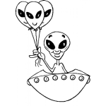 Dibujo para colorear Dibujo De Cumpleanos De Un Marciano Volando En Su Ovni Con Tres Globos De Marcianos Para Colorear