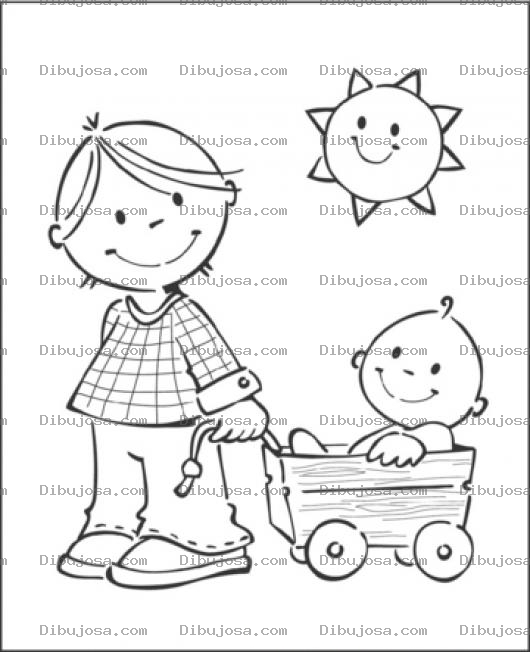 Dibujo para colorear Dibujo De Nino Halando A Su Hermanito En Un Carreton De Madera Bajo El Sol Para Colorear