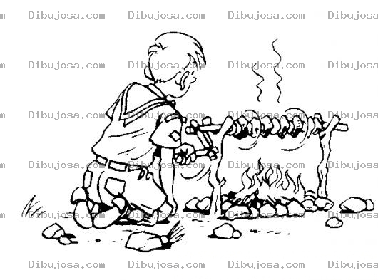 Dibujo para colorear Dibujo De Nino Scout Cocinando Carne Un Una Fogata Para Pintar Y Colorear