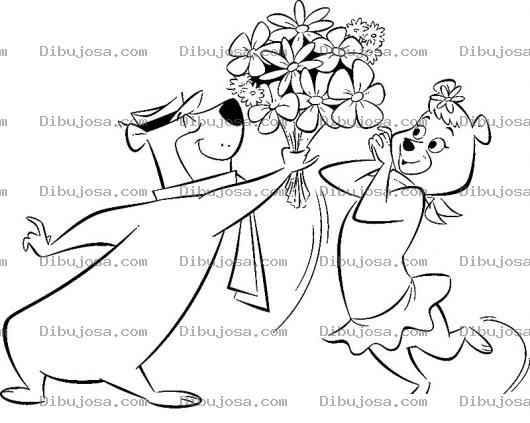 Dibujo para colorear Oso Yogy Dando Flores A Su Novia Para Colorear
