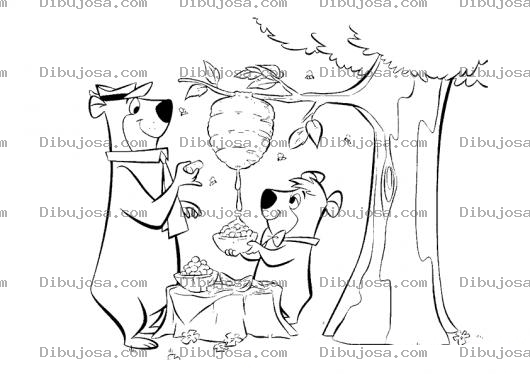 Dibujo para colorear Oso Yogi Comiendo Miel Con Bubus Bajo Un Panal Para Pintar Y Colorear