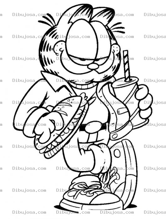 Dibujo para colorear Dibujo De Garfield Con Un Emparedado Y Una Soda Para Pintar Y Colorear