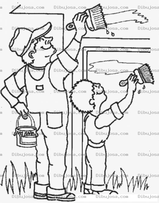 Dibujo para colorear Papa E Hijo Pintando Una Pared Con Cubeta De Pintura Y Brochas Dibujos De Pintores