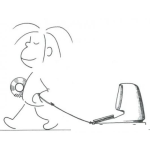 Dibujo para colorear Dibujo De Nino Moderno Halando Una Computadora Con Ruedas Y Un Cd En Su Mano Para Colorear