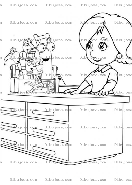 Dibujo para colorear Dibujo De Una Mujer Frente A Una Caja De Herramientas Para Pintar Y Colorear