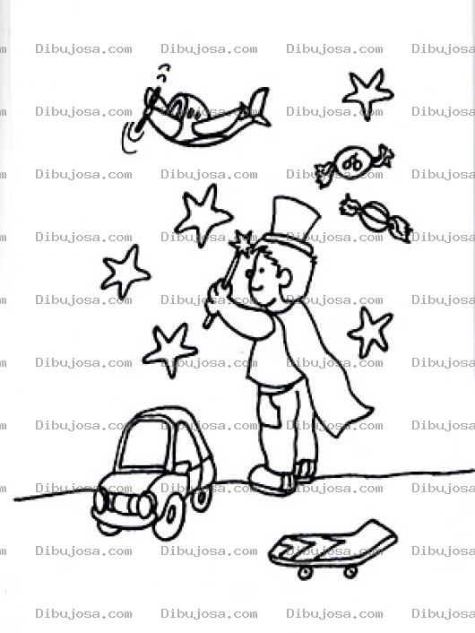 Dibujo para colorear Dibujo De Mago Con Varita Magica Con Juguetes Y Dulces En Una Noche De Estrellas Para Pintar Y Colorear Noche Estrellada