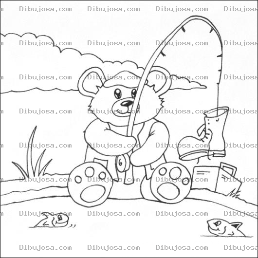 Dibujo para colorear Dibujo De Osito Pescando Una Bota En Un Estanque Para Pintar Y Colorear