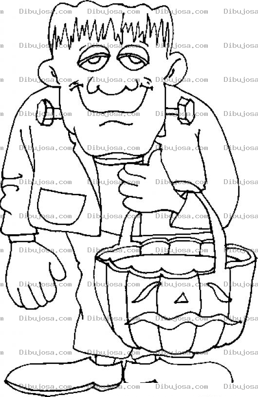 Dibujo para colorear Dibujo De Frankenstein Con Canasta De Calabaza Para Pintar Y Colorear