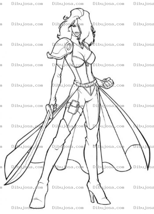 Dibujo para colorear Dibujo De Heroina Con Capa Y Espada Para Pintar Y Colorear