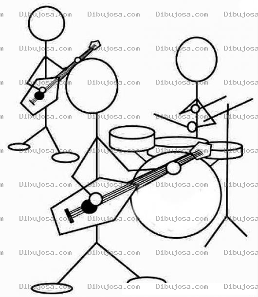 Dibujo para colorear Dibujo De Banda De Rock con Guitarristas y Bateriista Para Pintar Y Colorear