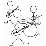 Dibujo para colorear Dibujo De Banda De Rock con Guitarristas y Bateriista Para Pintar Y Colorear