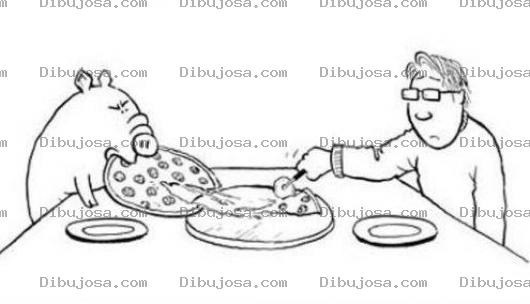 Dibujo para colorear Dibujo De Hombre Comiendo Pizza Con Un Cerdo Para Colorear Marrano Hartando En La Mesapizza