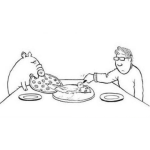 Dibujo para colorear Dibujo De Hombre Comiendo Pizza Con Un Cerdo Para Colorear Marrano Hartando En La Mesapizza