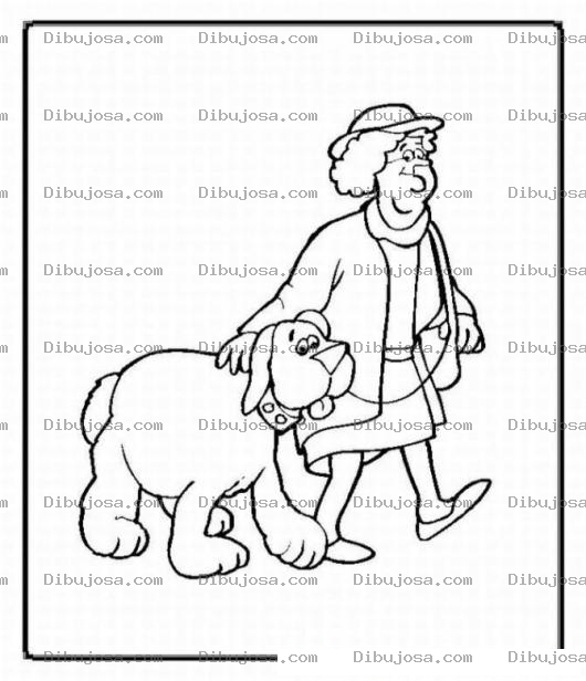 Dibujo para colorear Pintar a la abuelita paseando al perro