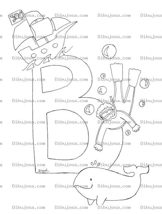 Dibujo para colorear Dibujo De La Letra B De Barco B De Buzo Y Be De Ballena Para Pintar Y Colorear