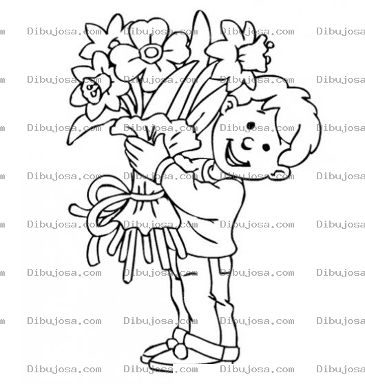 Dibujo para colorear Nino Con Ramo De Flores Para Pintar Y Colorear