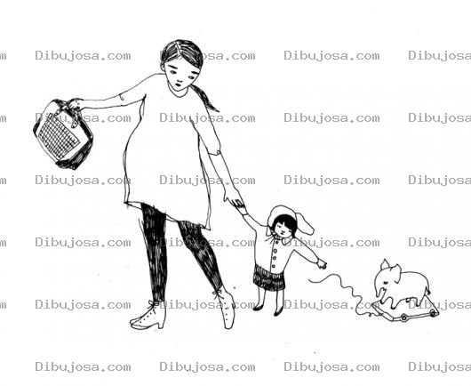 Dibujo para colorear Dibujo De Mama Embarazada Caminando Hacia El Colegio Halando A Su Hija De La Mano Quien A Su Vez Hala A Su Elefante De Jugete Para Colorear