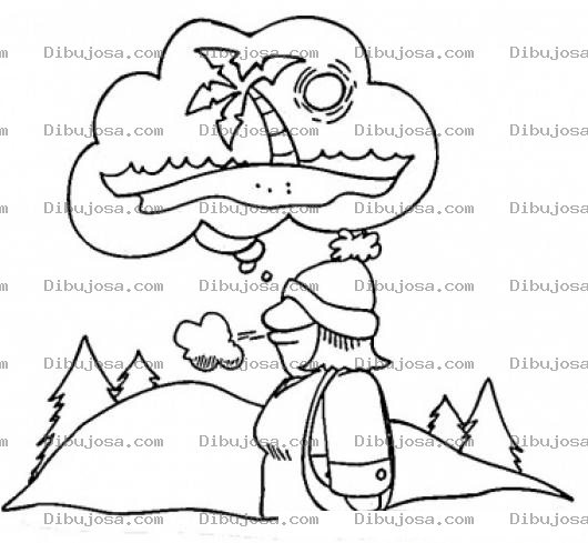 Dibujo para colorear Dibujo De Un Hombre En Las Frias Montanas Deseando Estar En Una Calida Playa Para Pintar Y Colorear
