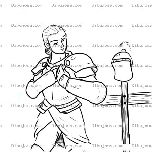 Dibujo para colorear Dibujo De Caballero Medieval Poniendose Su Armadura Con El Casco Colgado En Una Estaca